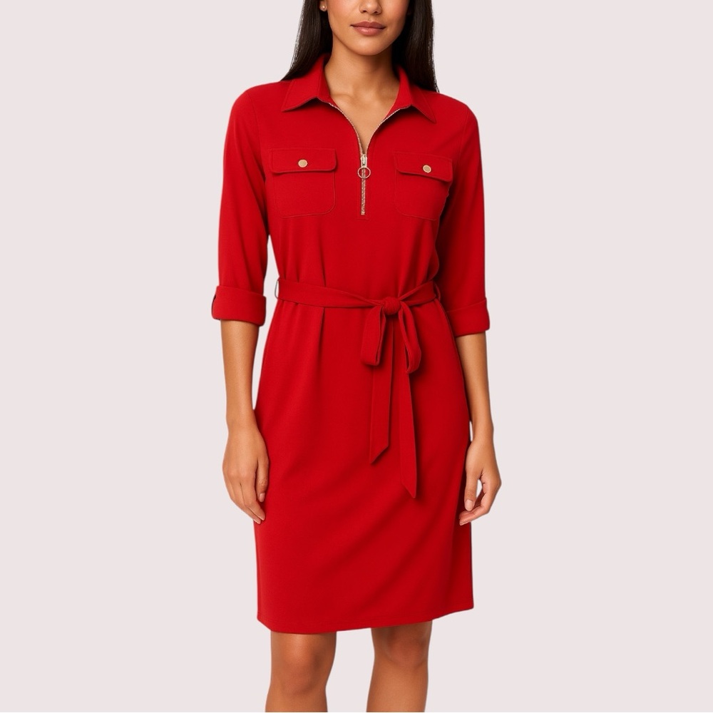 Emma & Michele Sophisticated Casual Corporate Bold Red Dress with Tie Belt - Picture 2 of 8